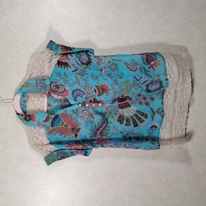 01542 Just Pearls sheer turquoise floral print half button blouse L